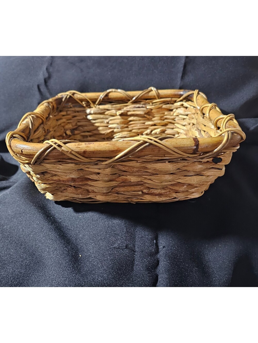 Vintage Square Woven Storage Basket Beige Trinket Keys 10X4.5 BoHo Country Decor